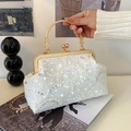 Elegant cream sequin handbag with gold metal handle and chain strap for evening events - White