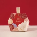 Hexagonal red wedding candy box with gold floral patterns and wooden ring handle - Red (Leather Handle)