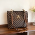 Sac cabas marron avec imprimé logo, détails dorés et bandoulière en chaîne - Marron