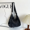 Black washed denim large capacity hobo bag with adjustable shoulder strap - Black