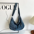Retro washed dark blue denim half-moon underarm bag with frayed edge details - Blue