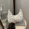 Creamy white pleated crescent bag with black bow embroidery and pearl handle - White