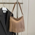Khaki bohemian tassel shoulder bag with metallic studs and pebble grain leather finish - Khaki