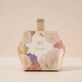 Hexagonal wedding gift box with floral patterns and gold ribbon handle and button - Champagne (Leather Handle)