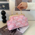 Pink lace sequin evening bag with gold metal handle and luxury chain strap for women - Pink