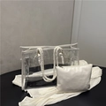 Minimalistische transparente PVC-Tasche mit Seilgriffen und weißer Innentasche auf Schwarz - Weiß