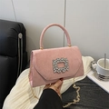 Elegant pink suede crossbody bag with sparkling diamond buckle and gold chain strap - Pink