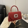 Elegant red suede crossbody bag with rhinestone square buckle and gold chain strap - Red