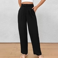 Pantalones negros de cintura alta para mujer con botones dobles y pierna ancha recta - S / Negro