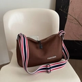 Dark brown crossbody bag with red, white and blue striped wide strap and logo print - Brown
