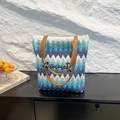 Blue wave straw beach tote with leather handles and Summer embroidery detail - Blue
