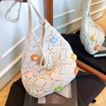 Beige knit tote bag with colorful 3D crochet flowers and geometric openwork pattern - Standard Edition / Off White