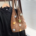 Brown crochet tote bag with colorful 3D knitted flowers and openwork weave pattern - Standard Edition / Khaki