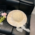 Beige straw sun hat with white lace embroidery and large mesh bow variant - Standard Edition / Off White