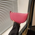 Pink top grain leather baguette bag with litchi texture and gold chain shoulder strap - Pink