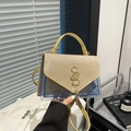 Fashionable chain crossbody bag with blue lattice PVC body and golden sequined flap cover - Gold