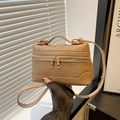 Structured beige textured box bag with top handle and gold double zipper hardware - Khaki