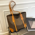 Große Vintage-Tragetasche mit schwarzem geometrischem Druck und orangefarbenem Leder - Tote Bag und Beutel / Braun