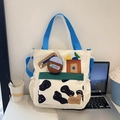 Bolso tote de lona con estampado de vaca, asas azules y correa ajustable cómoda - Blanco