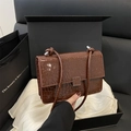 Brown crocodile embossed leather crossbody bag with silver square buckle in a gift box - Brown