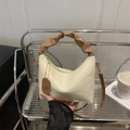 Chic cream pleated handbag with brown handles and a stylish adjustable shoulder strap - Off White