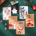 Flat lay of six distinct Christmas cards with festive illustrations on dark green background - 571#