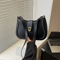 Minimalist black leather underarm bag with gold metal ring buckle for women - Black