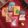 6-pack Christmas cards set with cartoon animals, envelopes, and stickers on red background - 573#