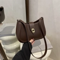 Minimalist vintage dark brown synthetic leather handbag with gold oval metal buckle - Brown