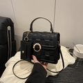 Mini black crossbody bag with checkered embossing and elegant pearl ring clasp - Black