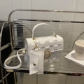 Mini white crossbody bag featuring embossed checkerboard pattern and gold pearl ring buckle - White