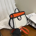 2D cartoon style canvas handbag in contrast orange and pink with black bold outlines - Orange