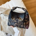 Künstlerische Vintage-Kordelzug-Handtasche mit dunklem Blumenmuster und Schnalle - Grünes Pfingstrosen-Muster