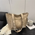 Minimalist large beige tote bag with functional pockets and Good Luck embroidery - Khaki