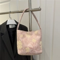 Pink floral embroidered hobo bag with yellow blossoms and textured velvet fabric - Pink