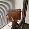 Brown Bohemian fringe shoulder bag with silver studs and adjustable strap detail - Brown