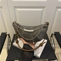 Dark grey denim crescent bag with pearl chain strap and white contrast stitching - Black