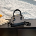 Elegant retro shell-shaped handbag in black and grey textured fabric with leather trim - Black