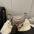 Light gray crescent denim shoulder bag with pearl and silver chain details for women - Gray