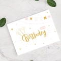 Biglietto di auguri bianco con scritte dorate e motivi festivi su marmo - Stile Happy Birthday (420-7)