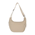 Borsa a tracolla a mezzaluna in nylon beige con tracolla regolabile e dettaglio zip - Cachi