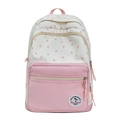 Cream and pink school backpack with star patterns and durable canvas texture - Pink