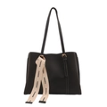Bolso tote negro mate con costuras blancas en contraste y correa decorativa de moda - Negro