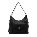 Minimalist black faux leather hobo bag featuring a front buckle pocket and adjustable strap - Black