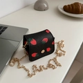 Mini black chain crossbody bag with cute strawberry print and textured leather finish - Black