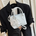 Light blue bucket bag with pearl bow charm and leather strap for women - Without Silk Scarf / Blue