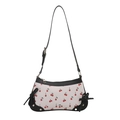 White shoulder bag with cherry print, black leather trim and adjustable strap for women - Black