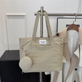 Beige oversized tote bag in crinkled fabric with matching round coin purse detail - Khaki