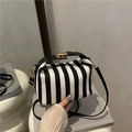 Chic black and white vertical striped bucket bag with leather handle and gold hardware - Black