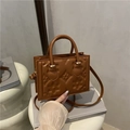 Brown floral embossed square handbag with top handle and adjustable shoulder strap - Brown